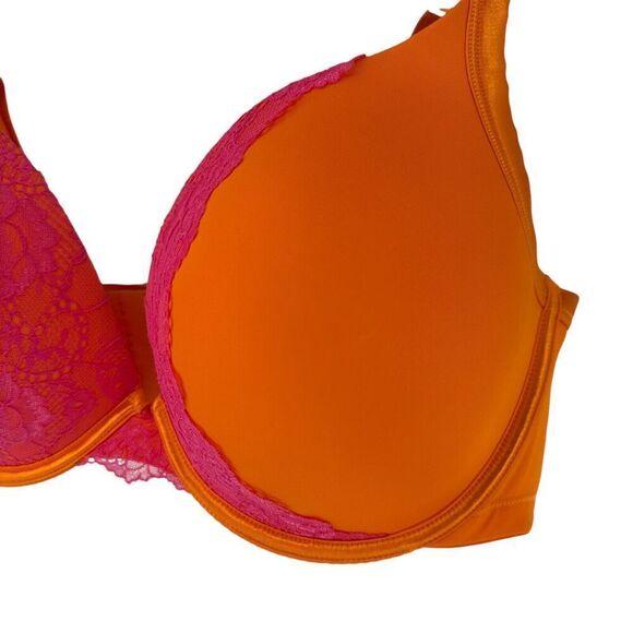 Cacique Bra 42DD Orange Pink Lace Overlay Boost Padding Underwired Back Closure - Picture 3 of 10